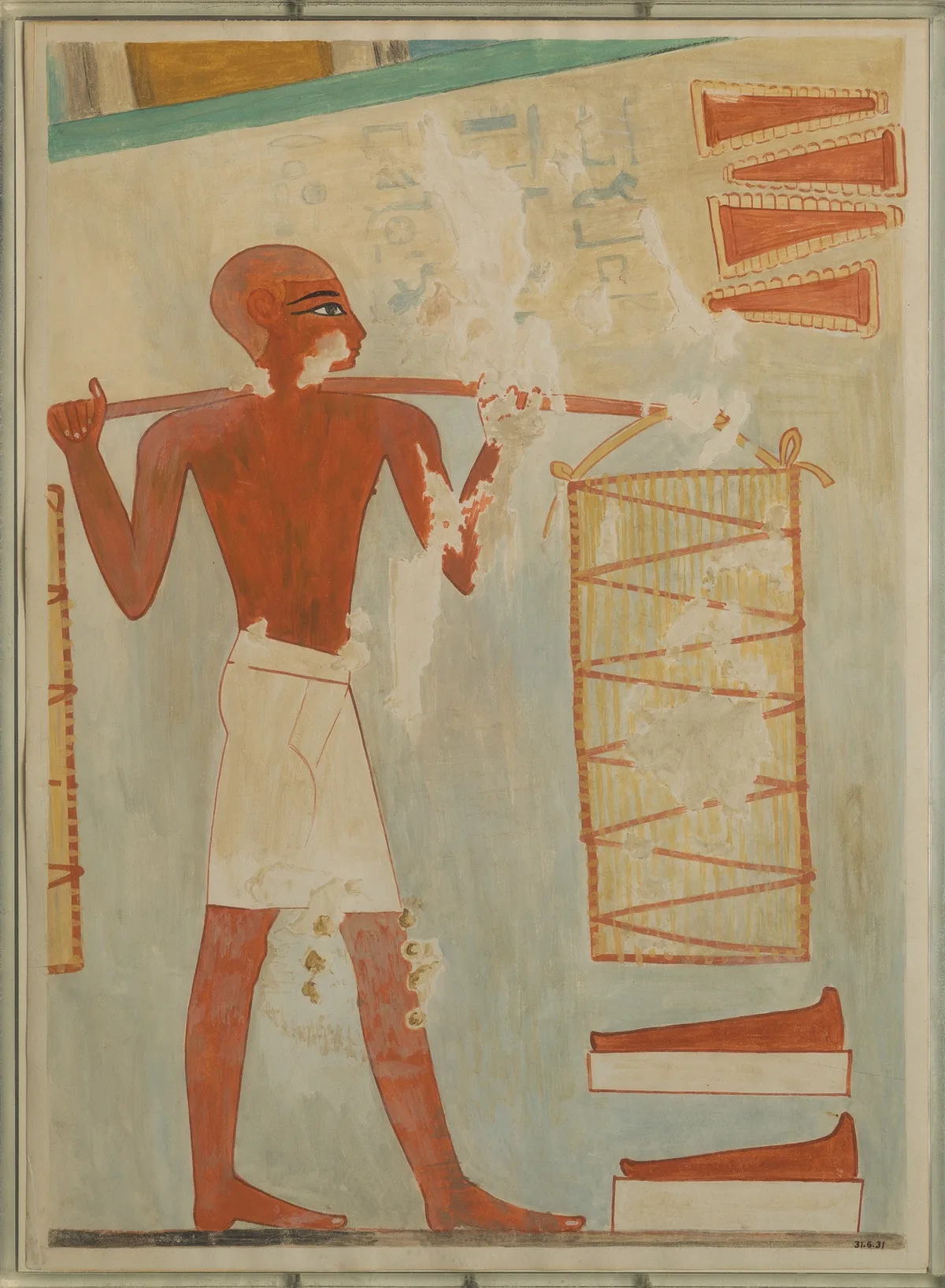 Disegno di un uomo che porta ceste di pani e offerte alimentari, dalla tomba di Rekhmire